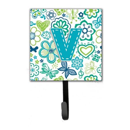 Jensendistributionservices Letter V Flowers And Butterflies Teal Blue Leash & Key Holder MI1660935